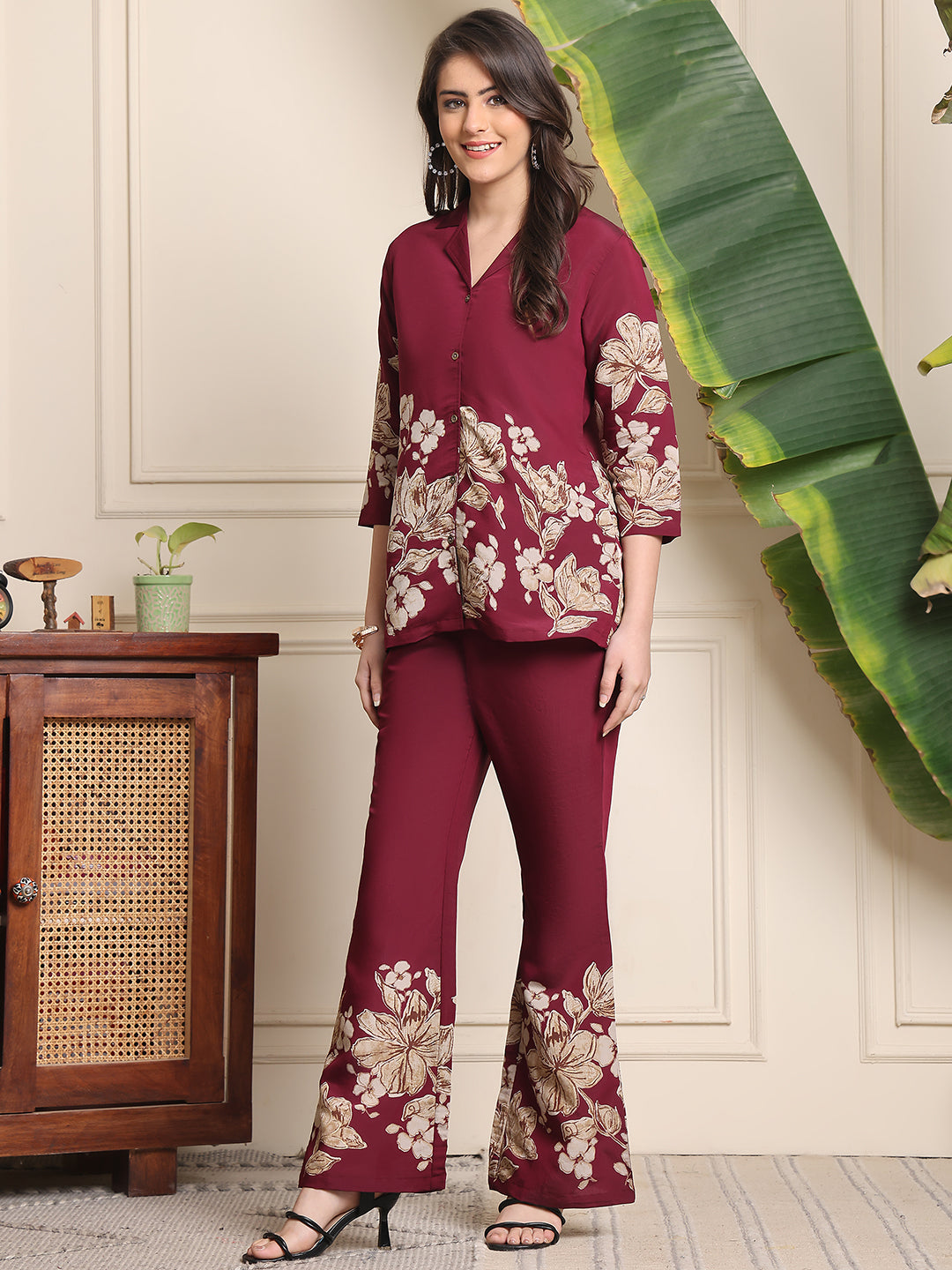 Wine Floral Printed Premium Chanderi Co-Ord Set for Women | Claura