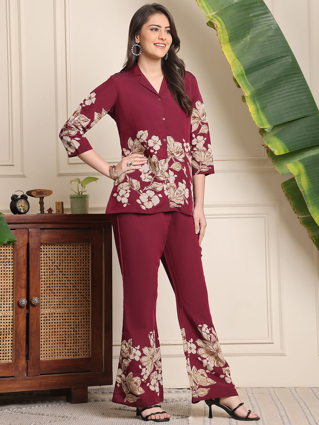 Wine Floral Printed Premium Chanderi Co-Ord Set for Women | Claura