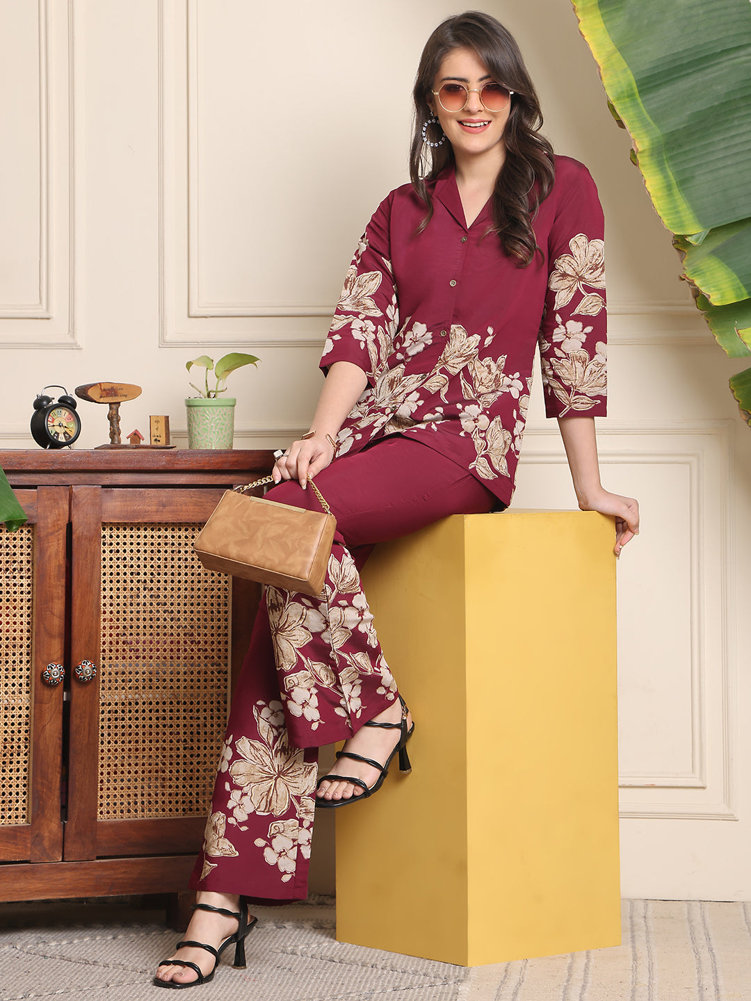 Wine Floral Printed Premium Chanderi Co-Ord Set for Women | Claura