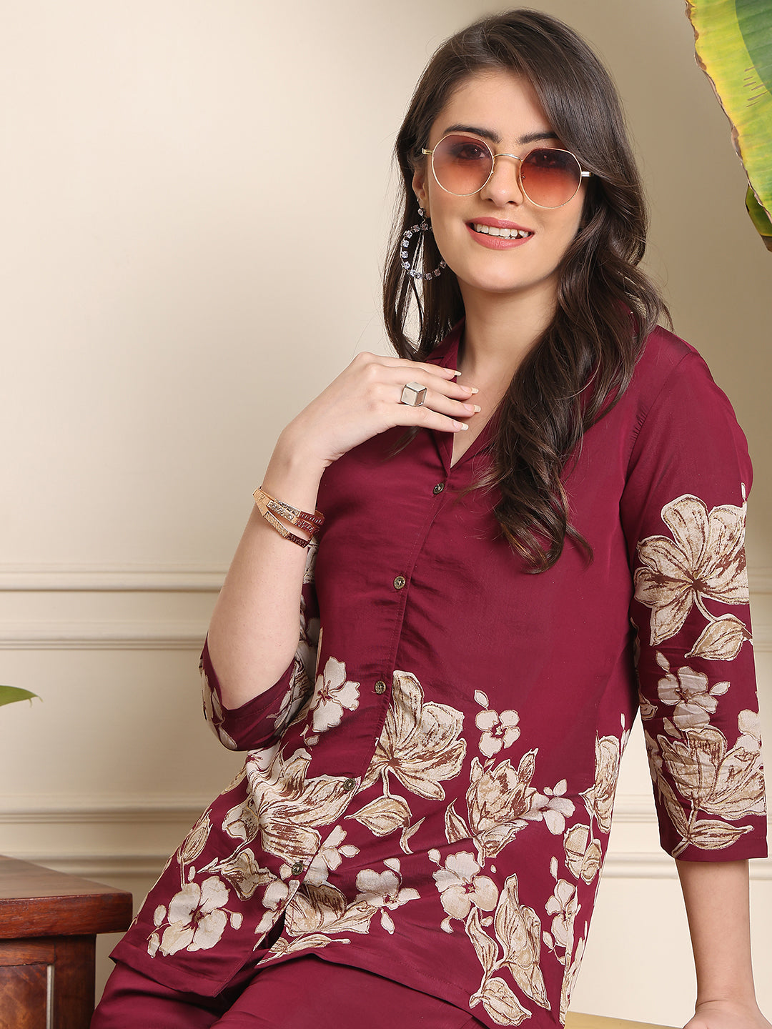 Wine Floral Printed Premium Chanderi Co-Ord Set for Women | Claura