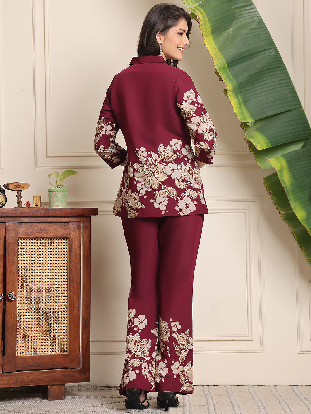 Wine Floral Printed Premium Chanderi Co-Ord Set for Women | Claura