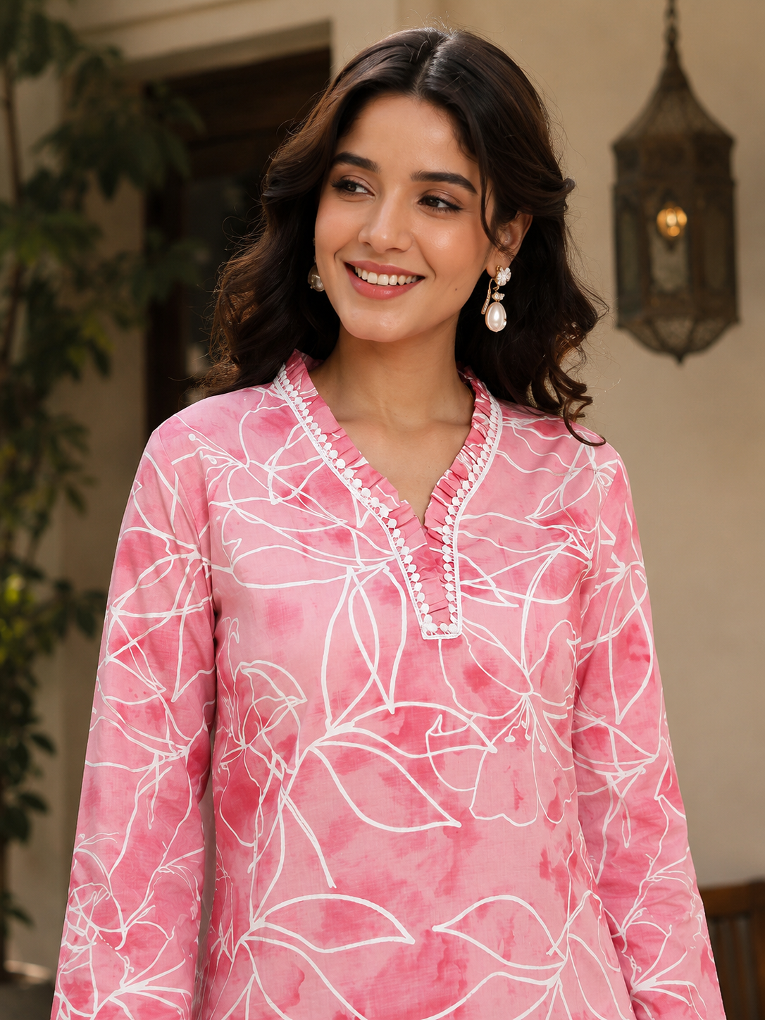 Pink Abstract Printed Cotton Casual Co-Ord Set for Women