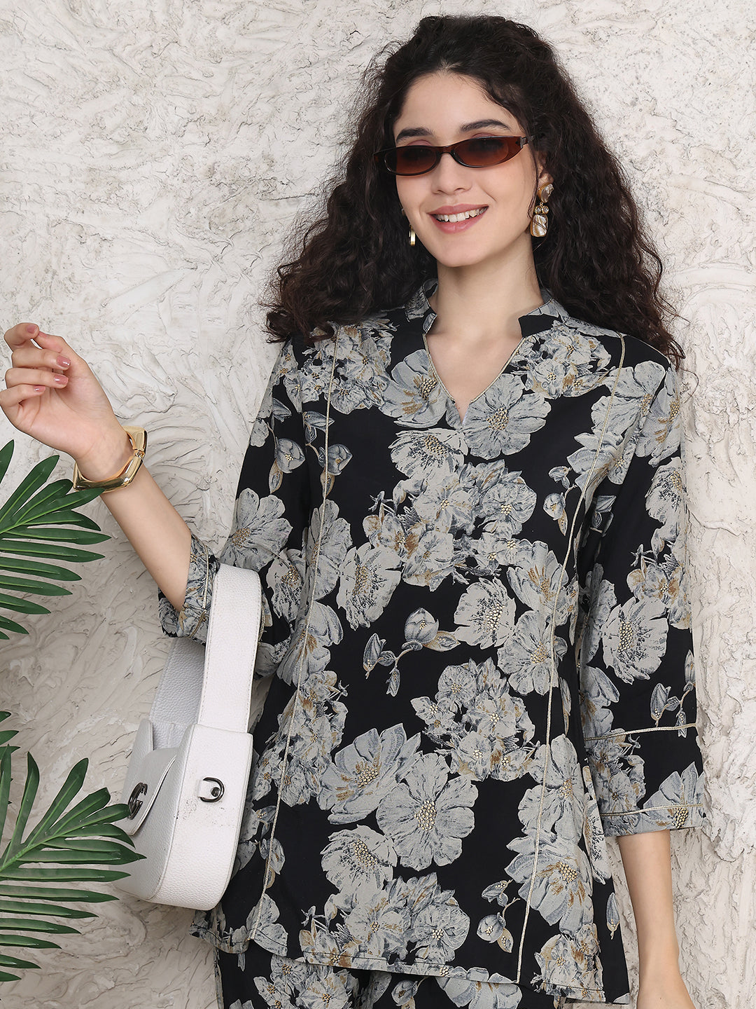 Black Colour Floral Printed Premium Chanderi Co-ord Set