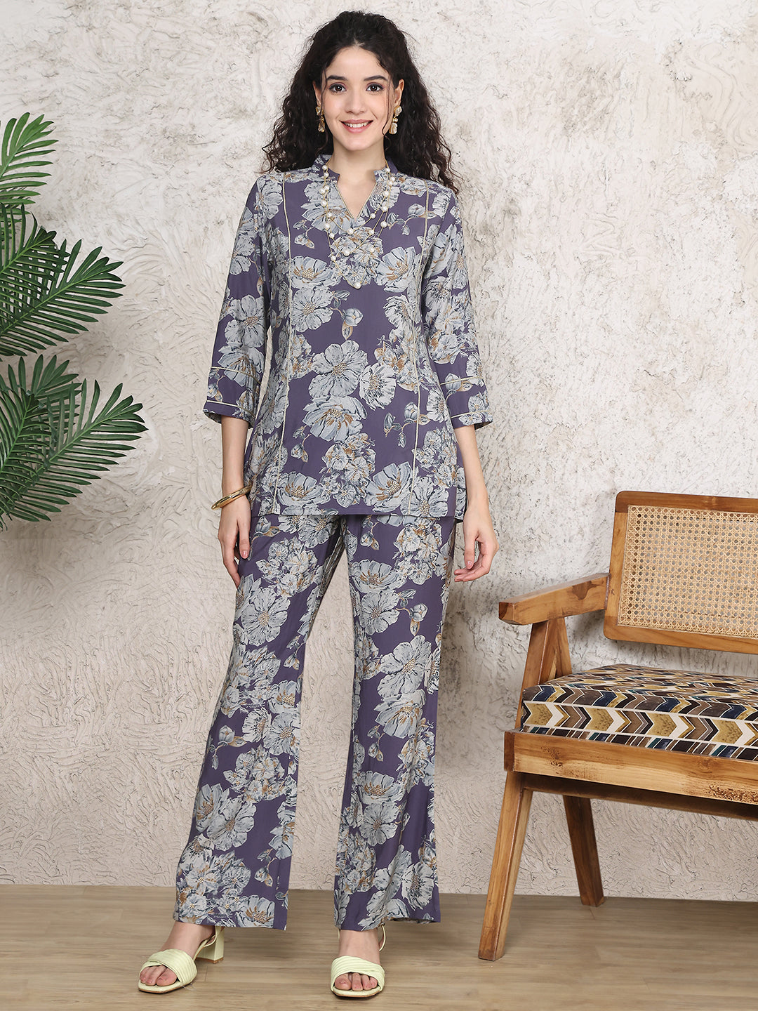 Purple Colour Floral Printed Premium Chanderi Co-ord Set