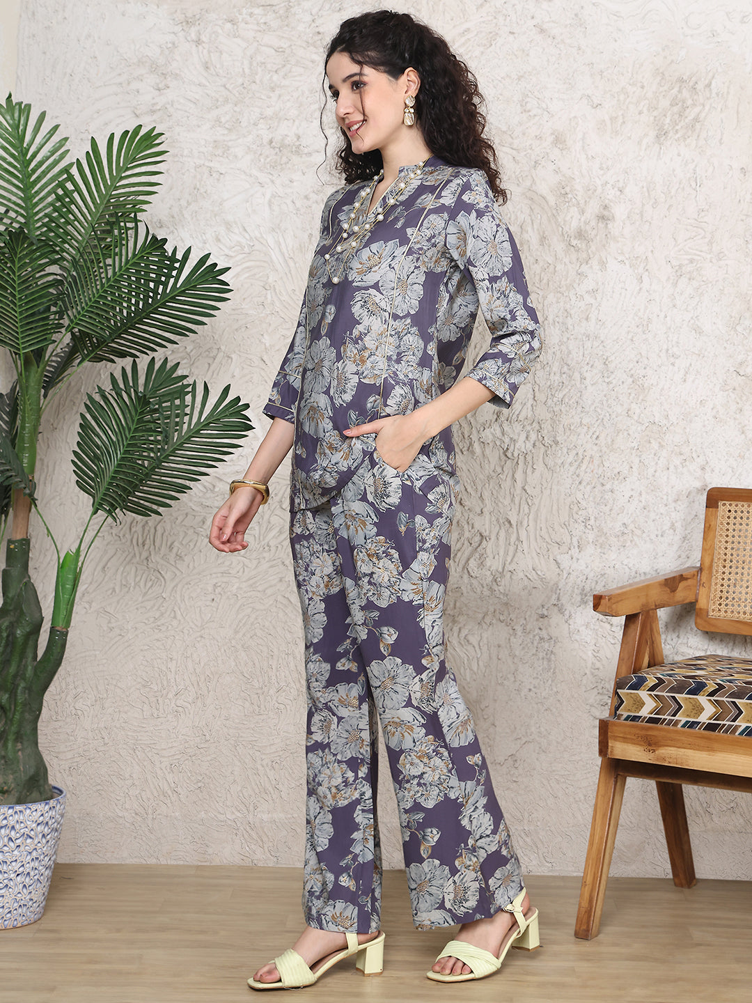 Purple Colour Floral Printed Premium Chanderi Co-ord Set