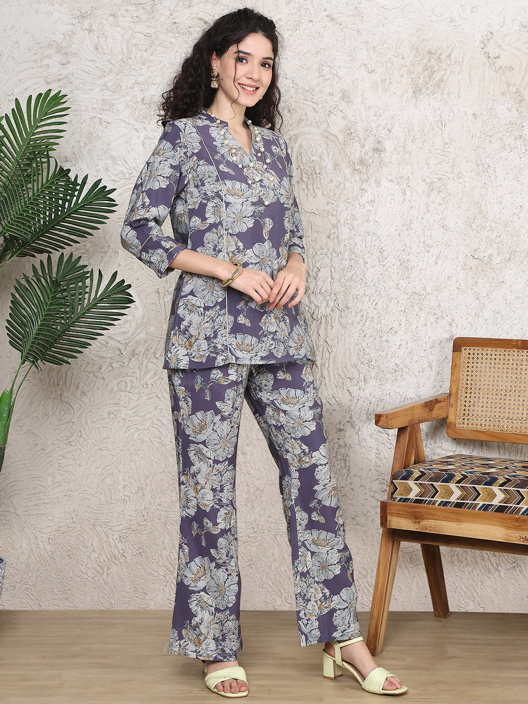 Purple Colour Floral Printed Premium Chanderi Co-ord Set