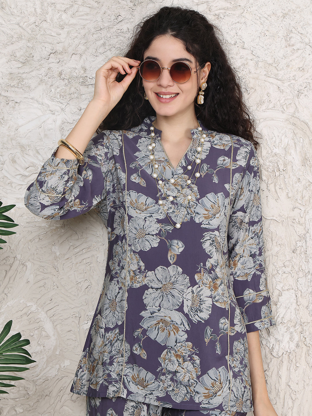 Close-up of Mandarin Collar and Floral Print on Purple Tunic