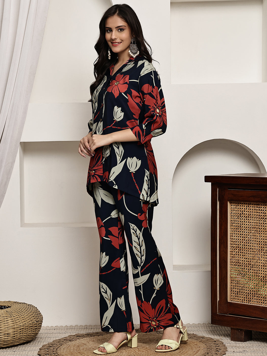 Navy Blue Colour Floral Printed Premium Chanderi Co-ord Set For Women