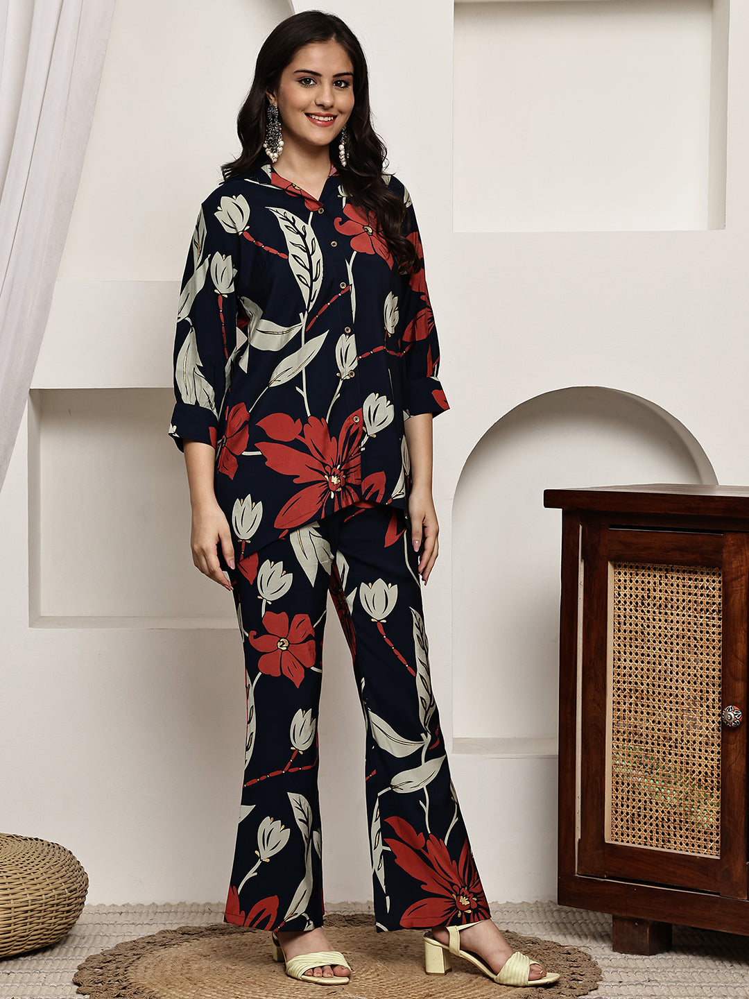 Navy Blue Colour Floral Printed Premium Chanderi Co-ord Set For Women