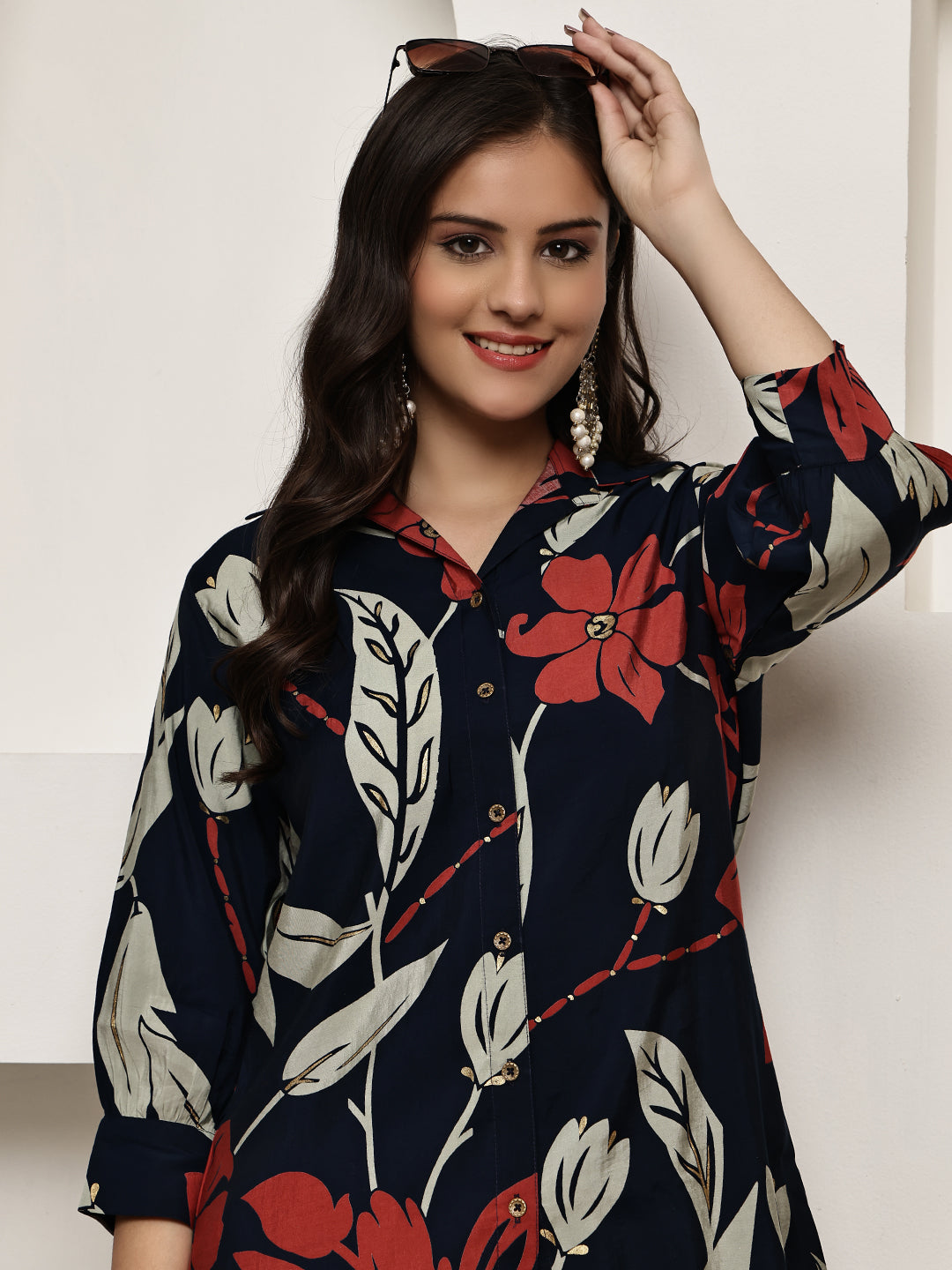 Navy Blue Colour Floral Printed Premium Chanderi Co-ord Set For Women