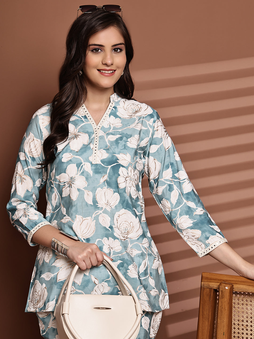 Blue Colour Floral Printed Premium Chanderi Co-Ord Set for Women