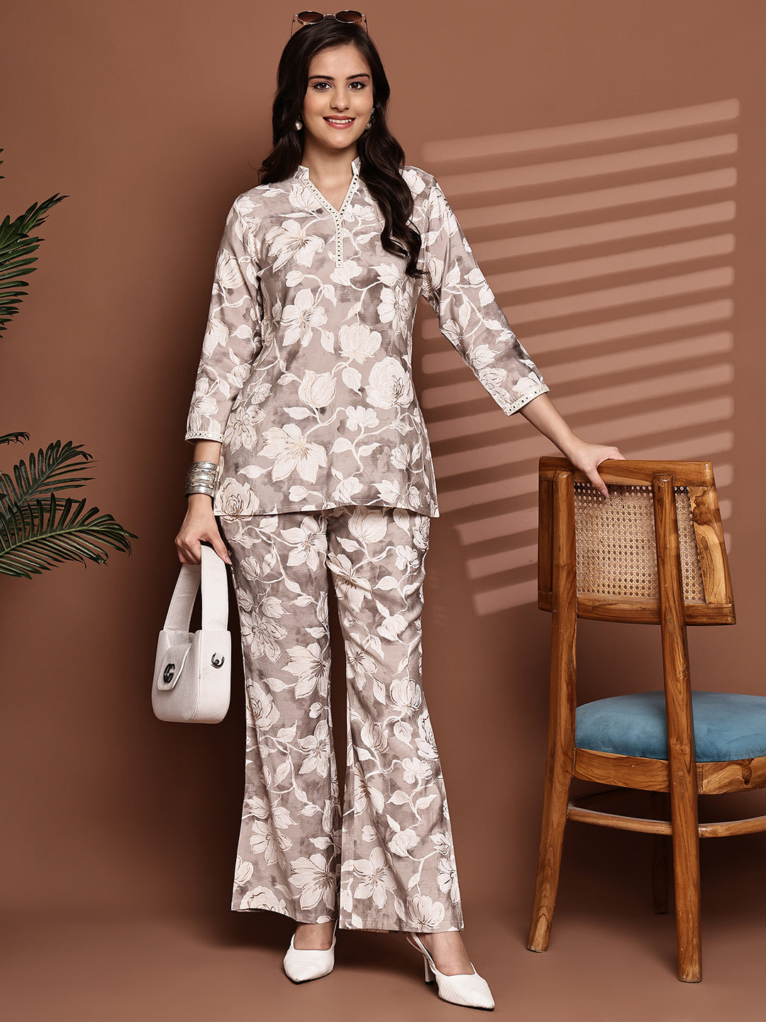 Cream Colour Floral Printed Premium Chanderi Co-Ord Set for Women