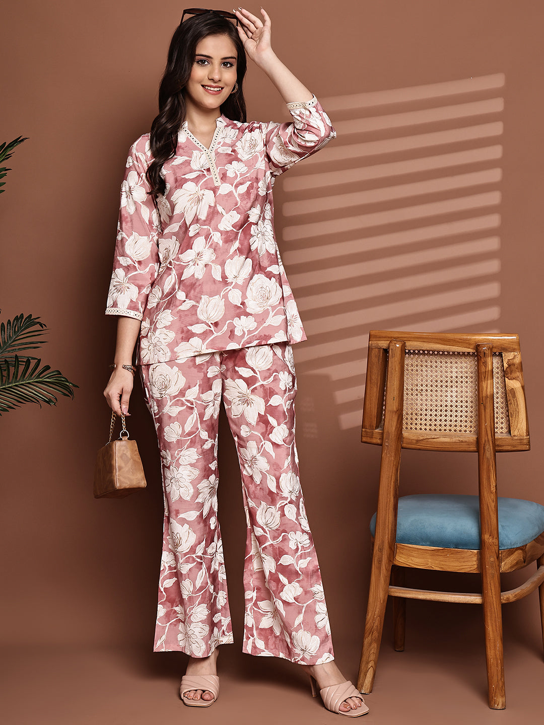 Woman wearing Pink Floral Printed Co-Ord Set