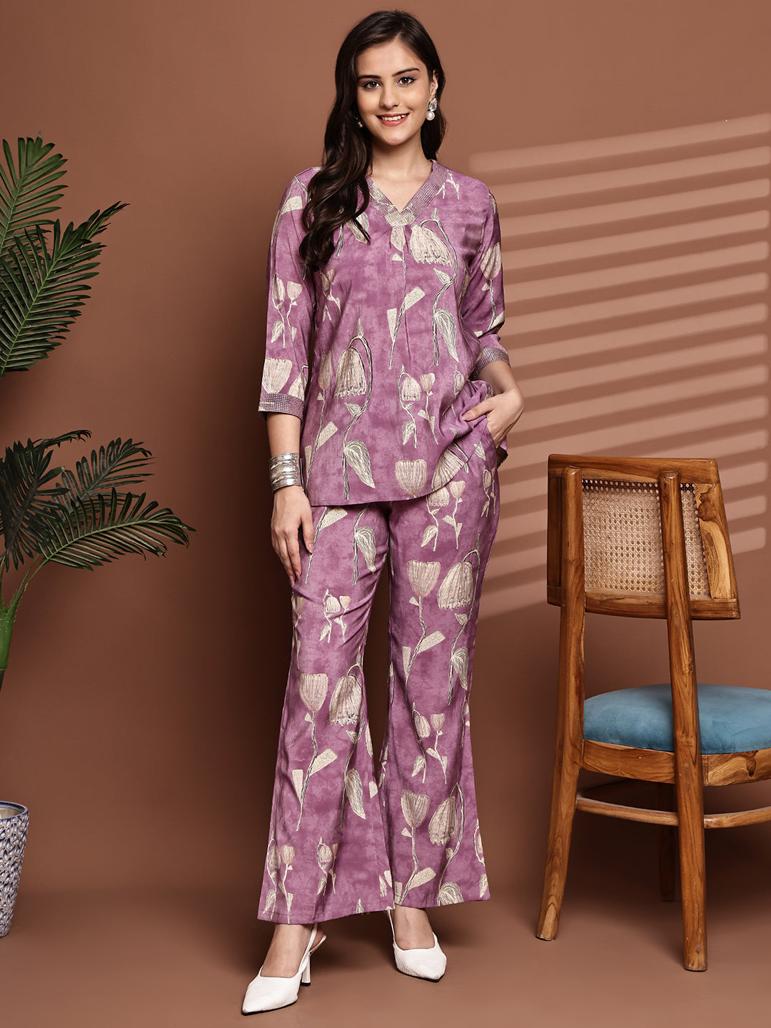Mauve Colour Floral Printed Premium Chanderi Co-Ord Set for Women