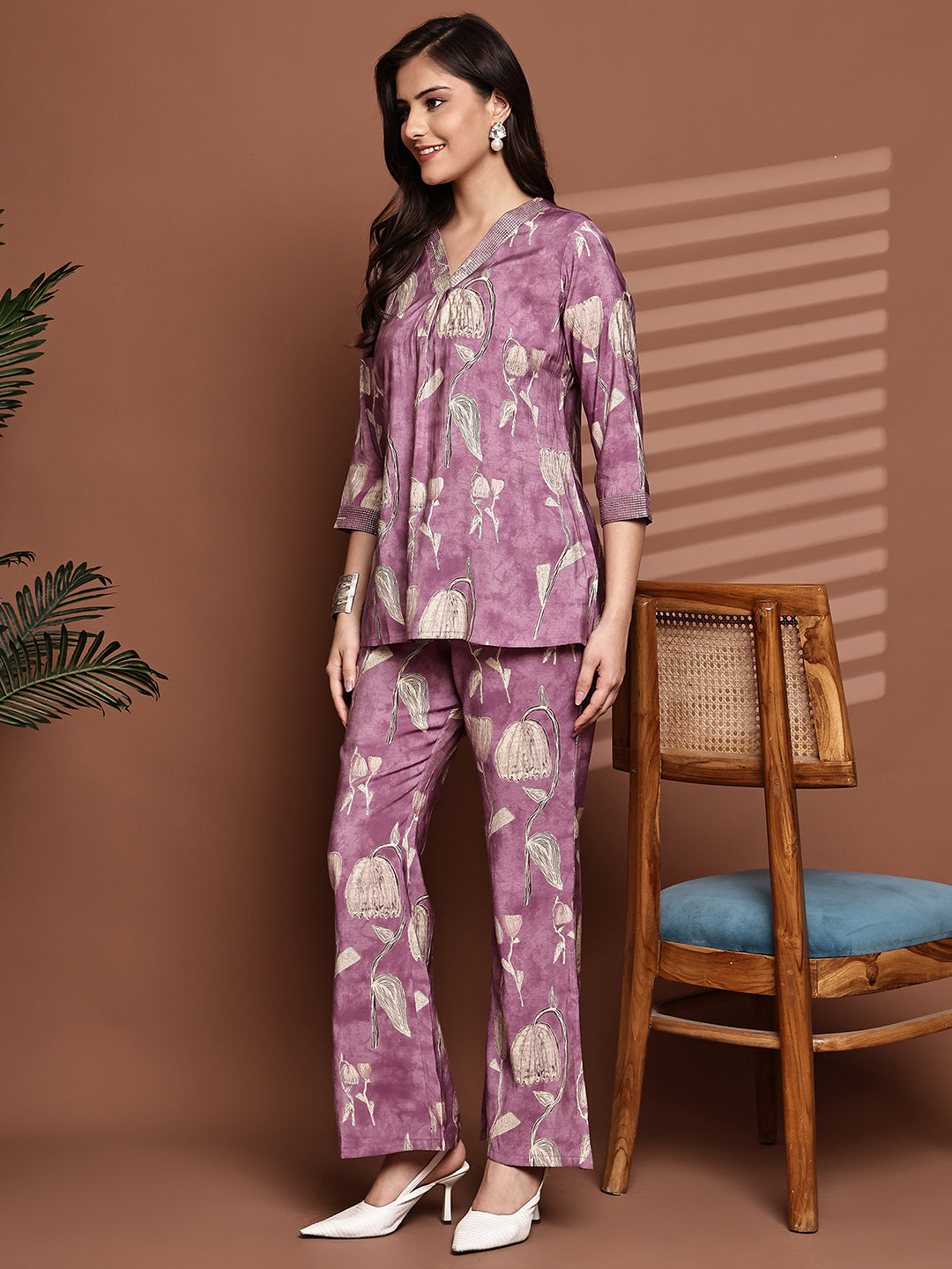 Mauve Colour Floral Printed Premium Chanderi Co-Ord Set for Women
