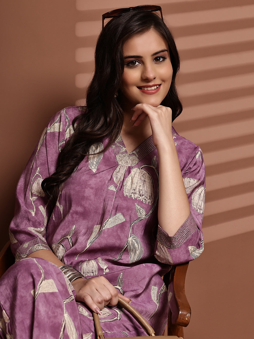 Mauve Colour Floral Printed Premium Chanderi Co-Ord Set for Women