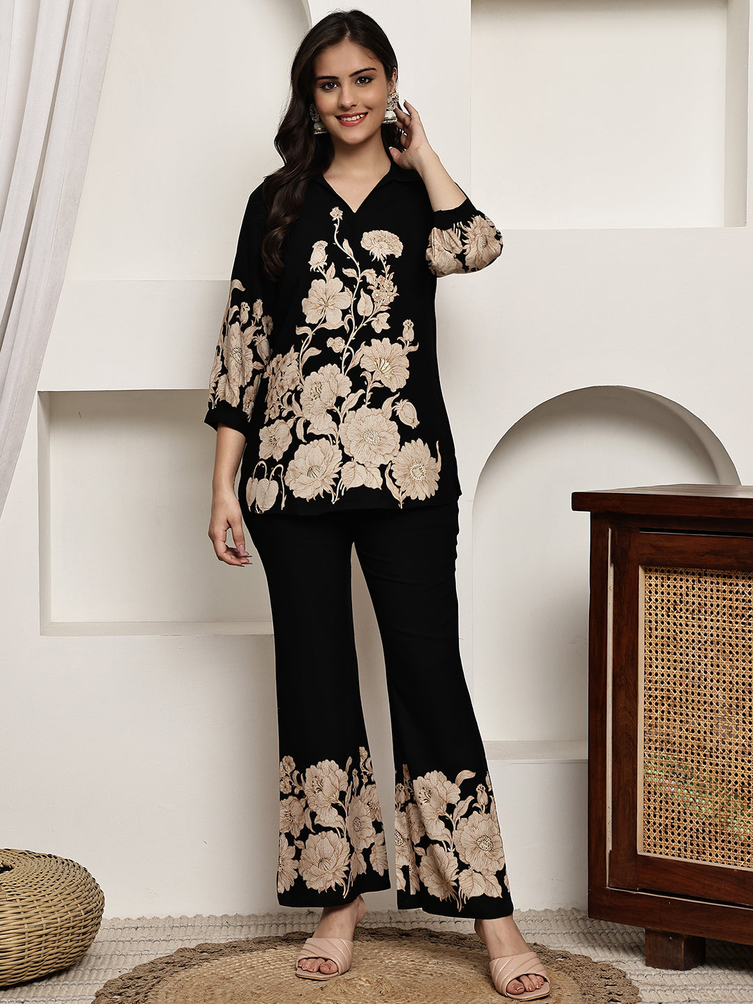 Black Floral Printed Viscose Rayon Co-Ord Set for Women