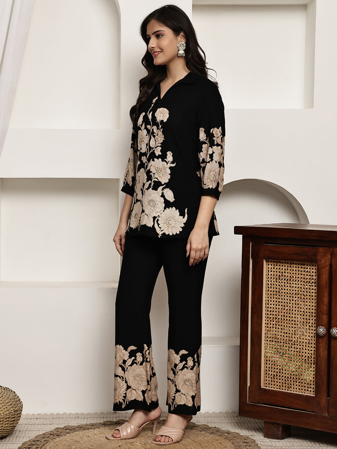Black Floral Printed Viscose Rayon Co-Ord Set for Women