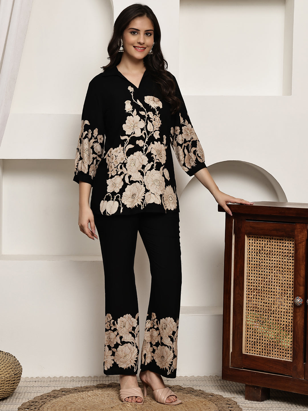 Black Floral Printed Viscose Rayon Co-Ord Set for Women