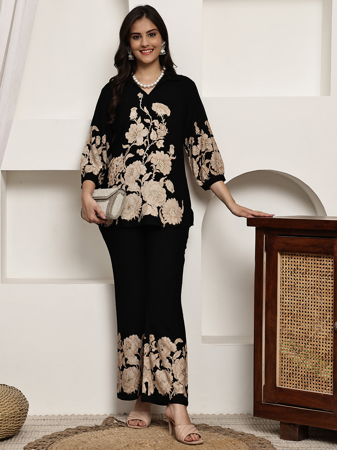 Black Floral Printed Viscose Rayon Co-Ord Set for Women