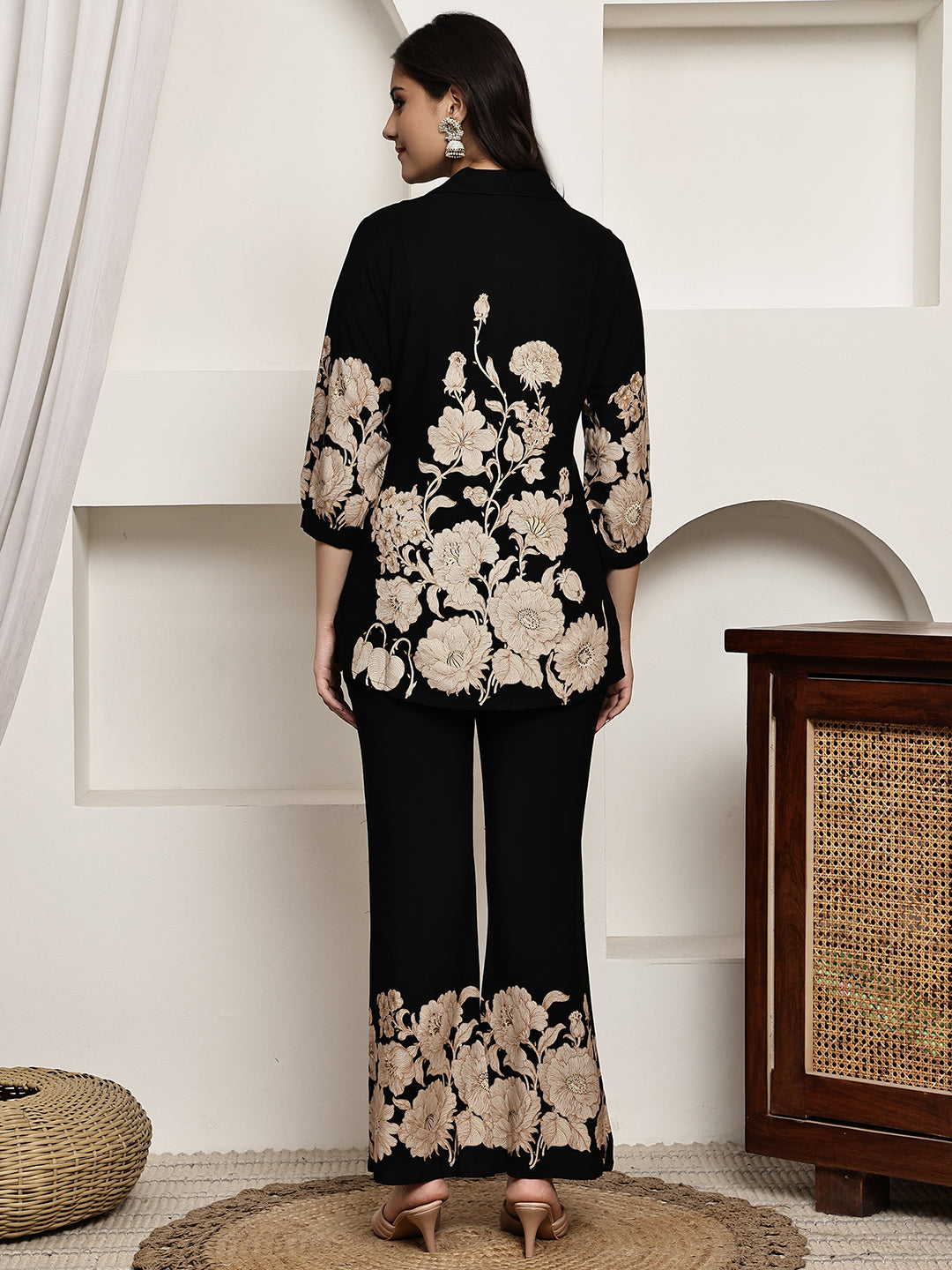 Black Floral Printed Viscose Rayon Co-Ord Set for Women