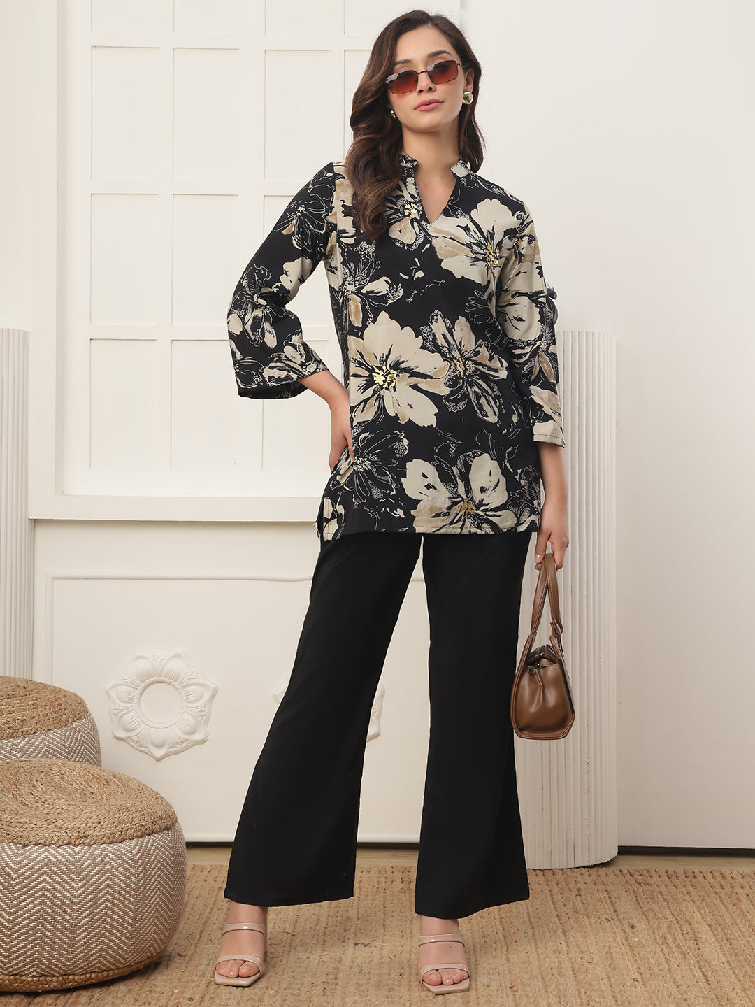 Black Floral Printed Chanderi Silk Shirt Collar Co-Ord Set for Women | Claura