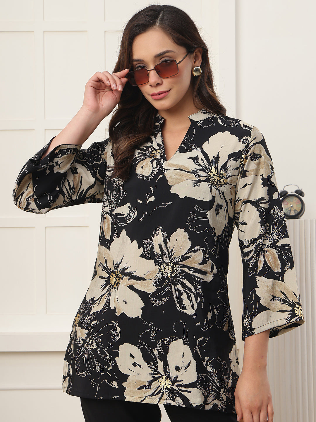 Black Floral Printed Chanderi Silk Shirt Collar Co-Ord Set for Women | Claura