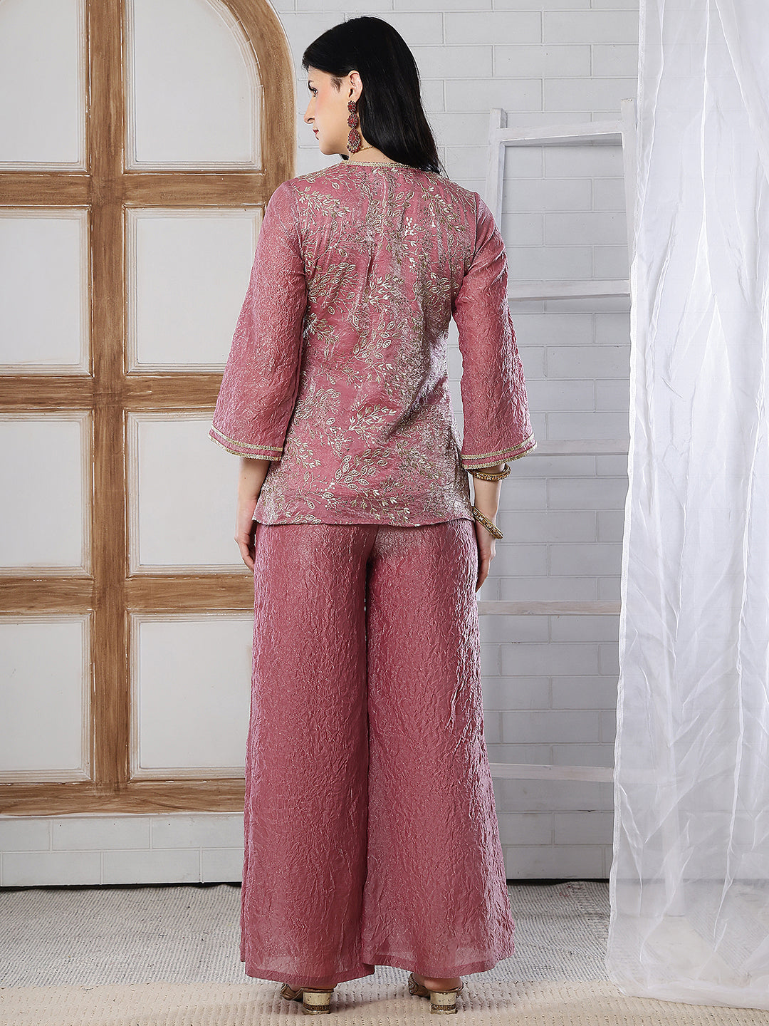 Elegant Pink Embroidered V-Neck Tunic with Palazzo Set | Claura