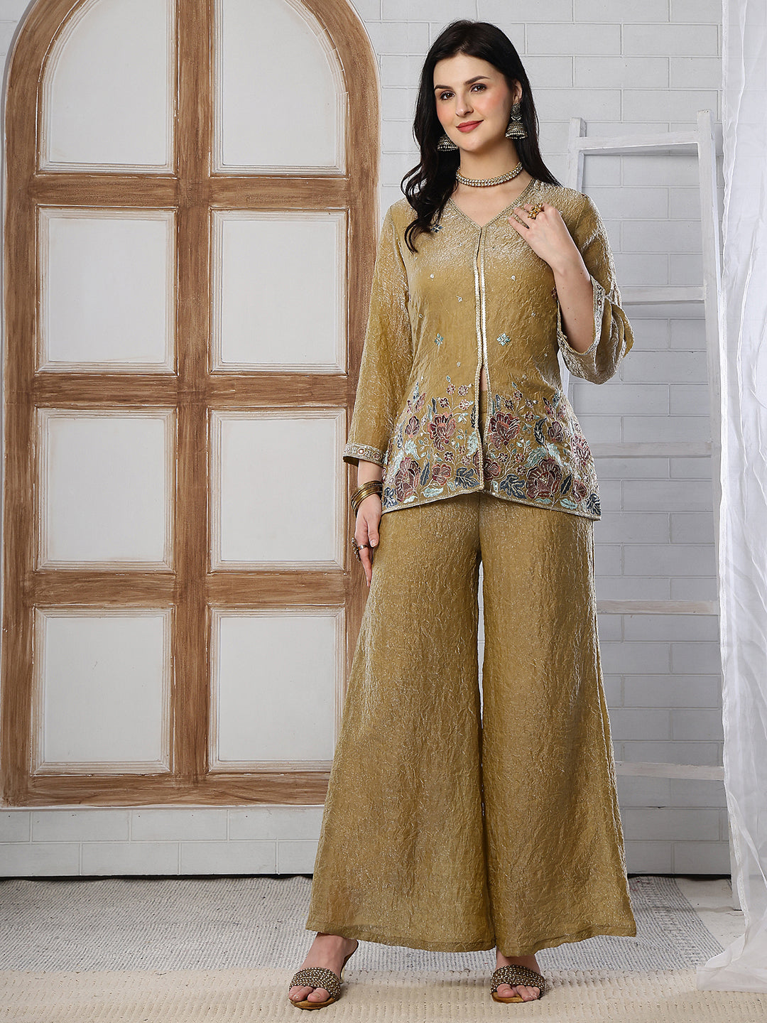 Gold Embroidered Tunic with Flowy Palazzo Set For Women | Claura