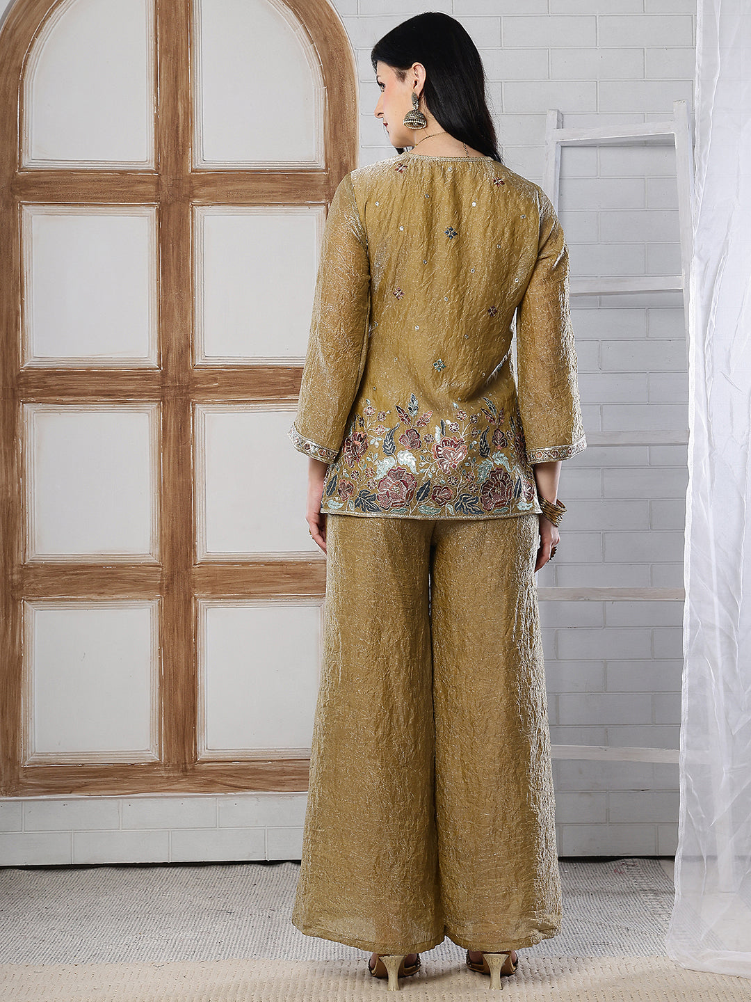 Gold Embroidered Tunic with Flowy Palazzo Set For Women | Claura