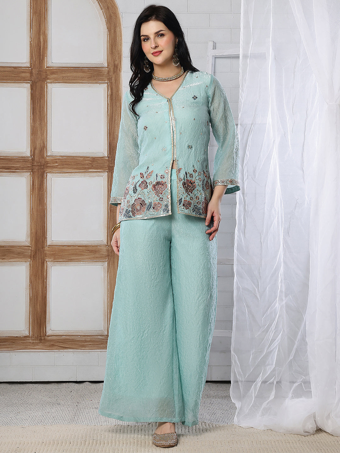 Pastel Blue Embroidered Tunic with Flowy Palazzo Set | Claura