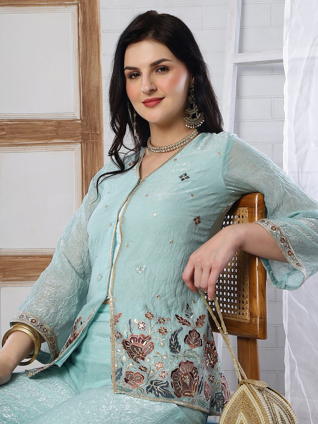Pastel Blue Embroidered Tunic with Flowy Palazzo Set | Claura
