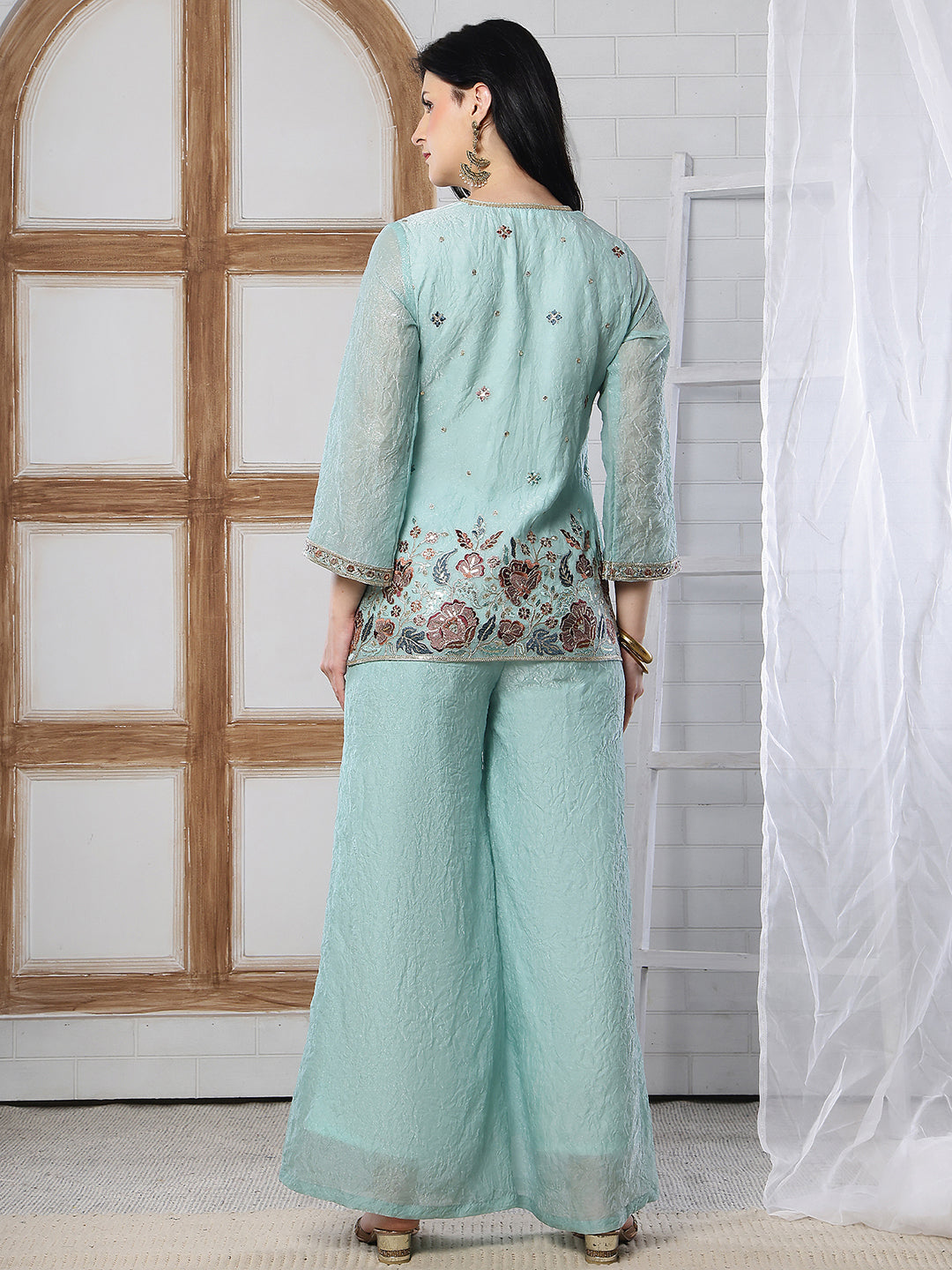 Pastel Blue Embroidered Tunic with Flowy Palazzo Set | Claura