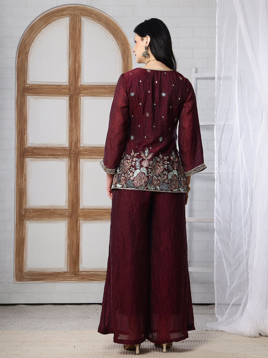 Wine Color Embroidered Tunic with Flowy Palazzo Set | Claura