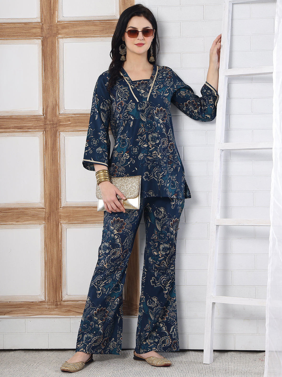 Teal Blue Abstract Printed Silk Co-Ord Set for Women | Claura