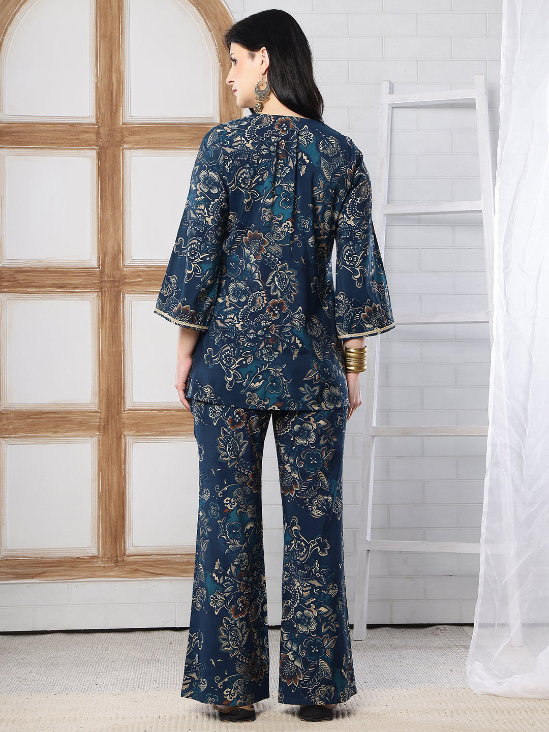 Teal Blue Abstract Printed Silk Co-Ord Set for Women | Claura