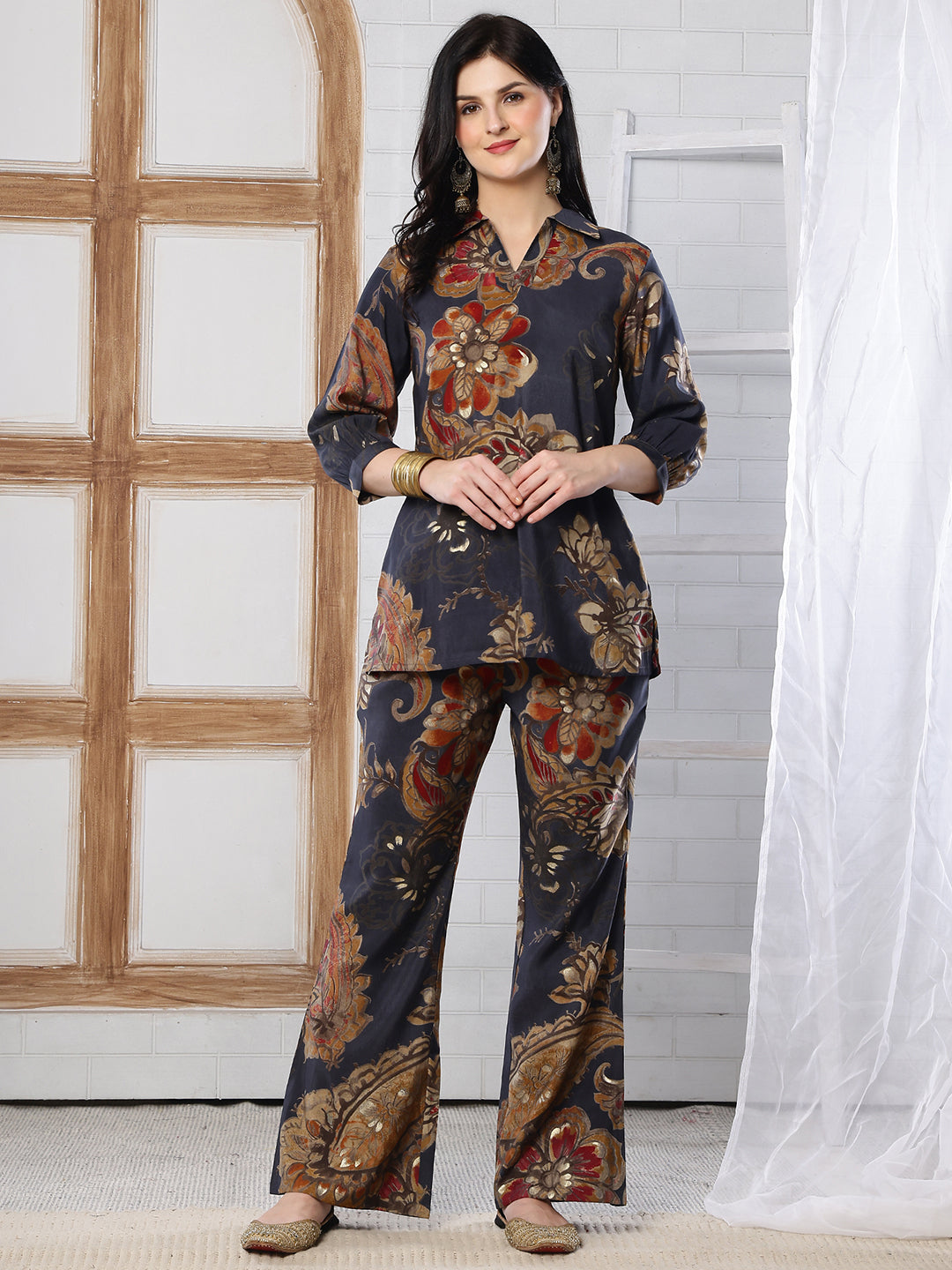 Grey Floral Printed Silk Co-Ord Set for Women | Claura