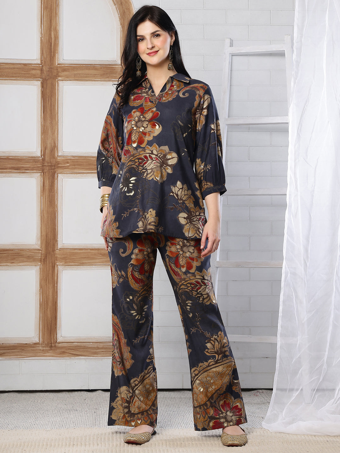 Grey Floral Printed Silk Co-Ord Set for Women | Claura