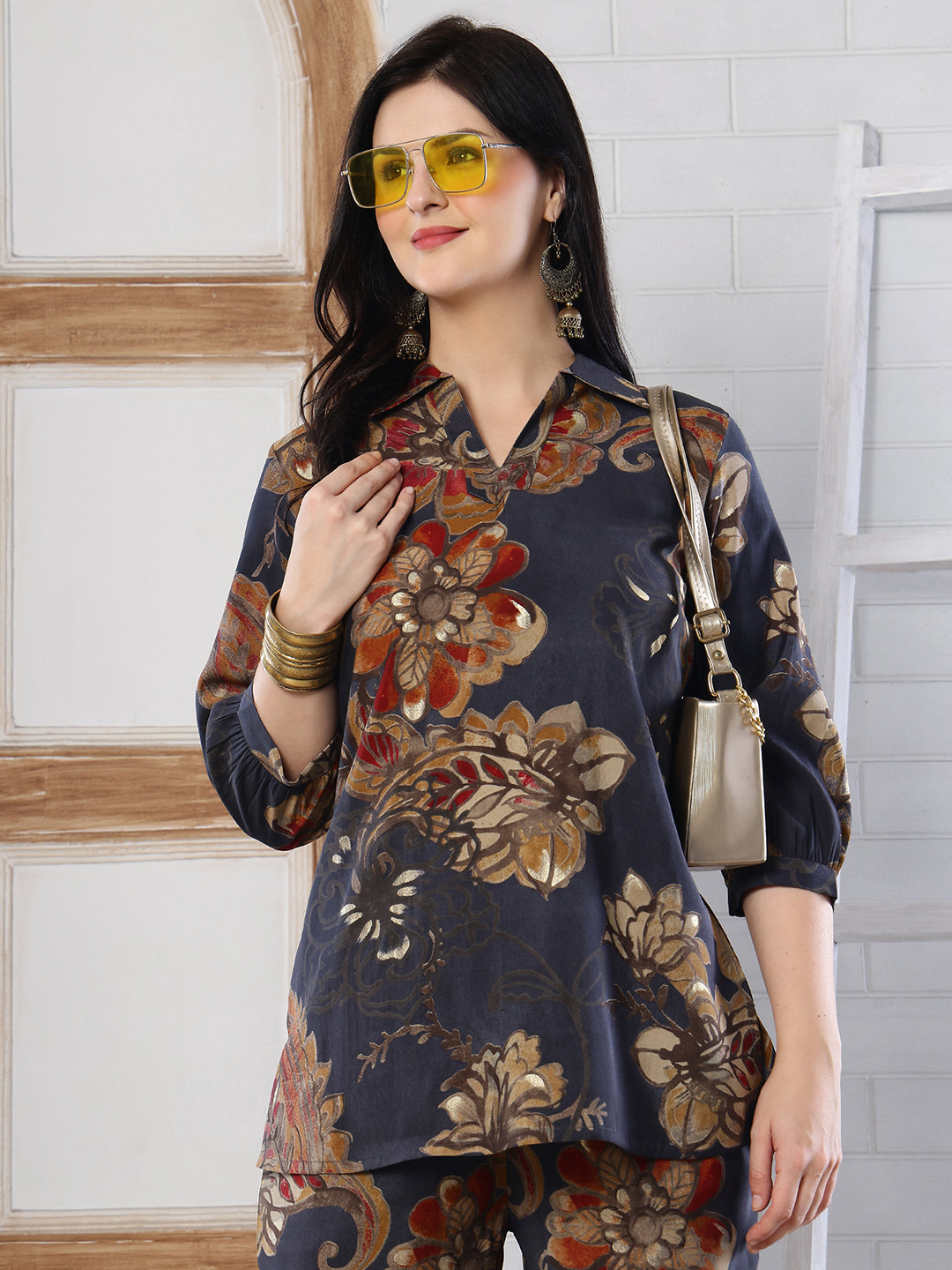 Grey Floral Printed Silk Co-Ord Set for Women | Claura