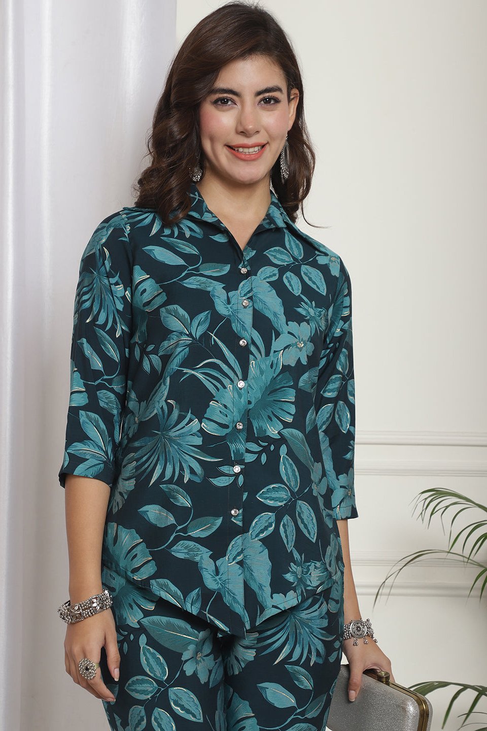 Close-up of Chanderi Silk fabric on Green Co-Ord Set
