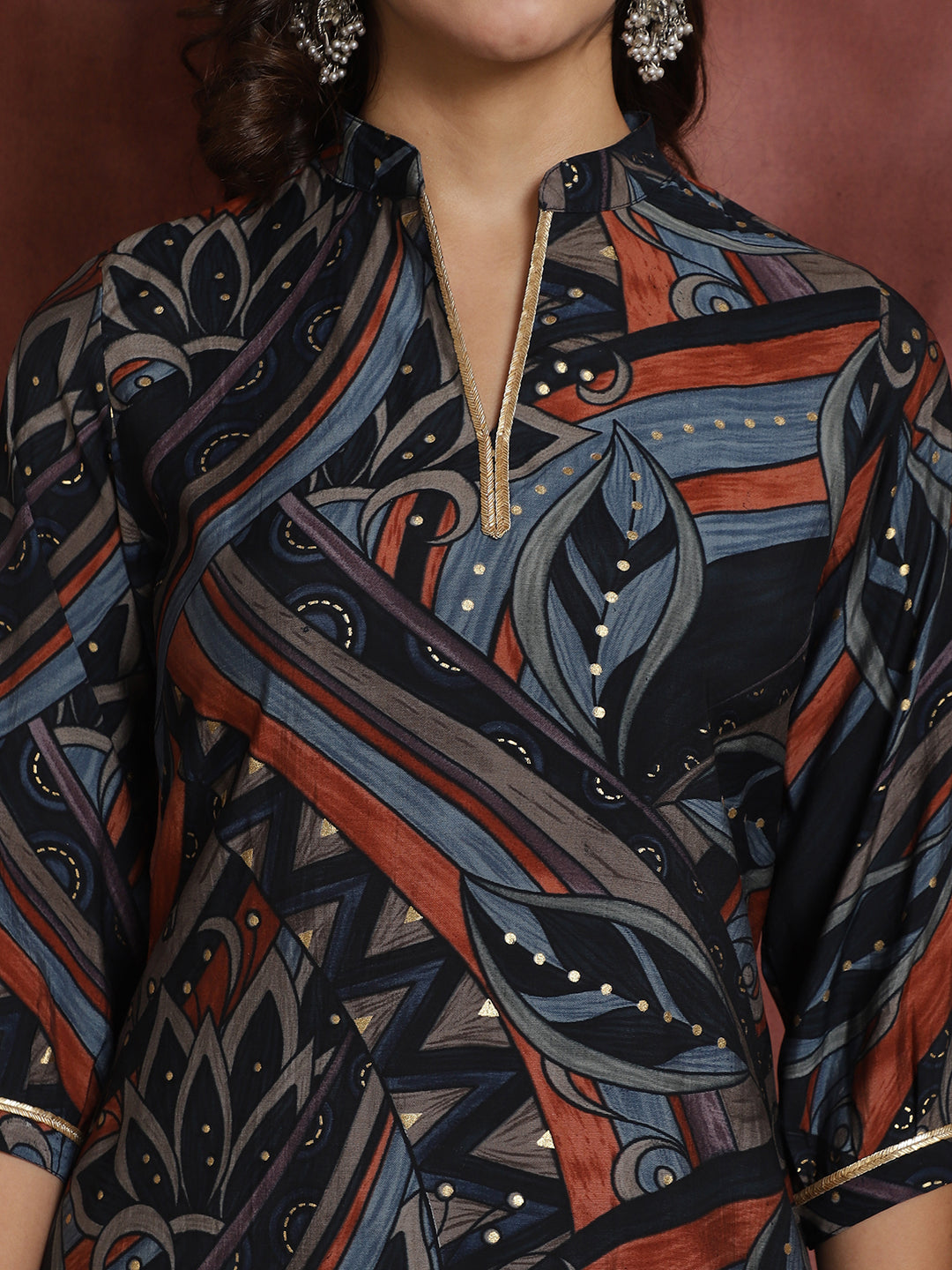 Close-up of Chanderi Silk fabric on Navy Co-Ord Set