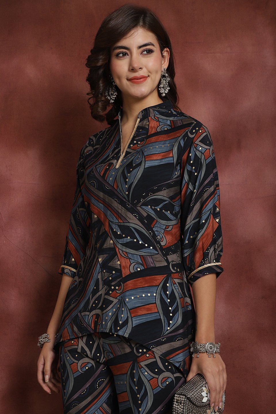 Close-up of Chanderi Silk fabric on Navy Co-Ord Set
