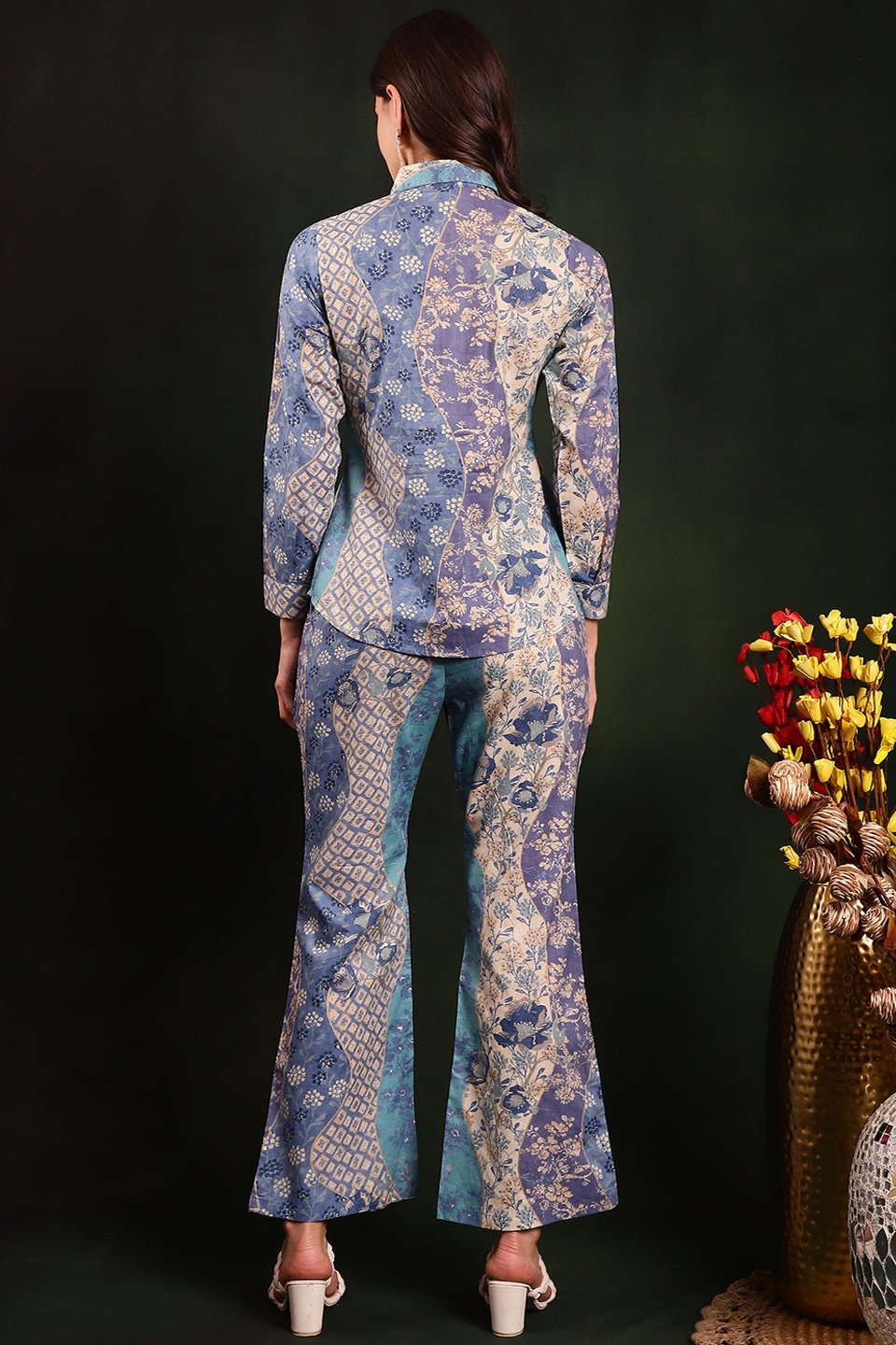 Back view of model styling Blue floral co-ord outfit