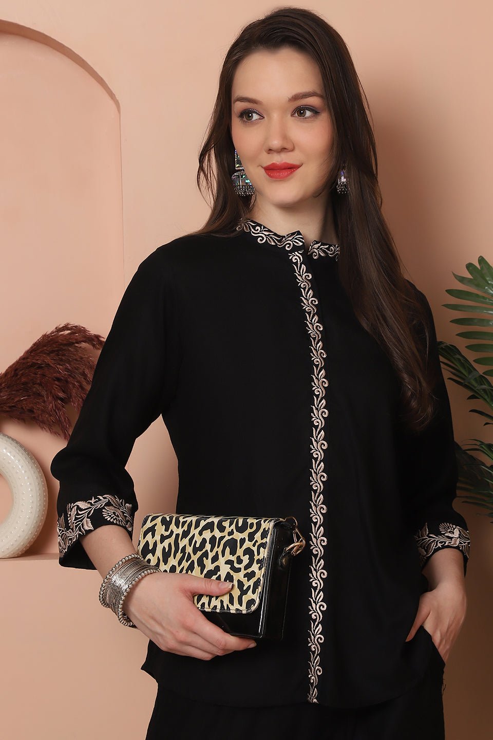Close-up of Viscose Rayon fabric on Black Co-Ord Set