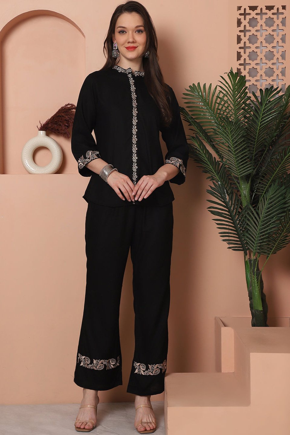 Woman wearing Black Floral Embroidered Co-Ord Set