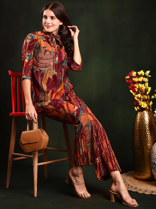 Abstract Printed Chanderi Silk Tunic & Trousers Co-Ords Set
