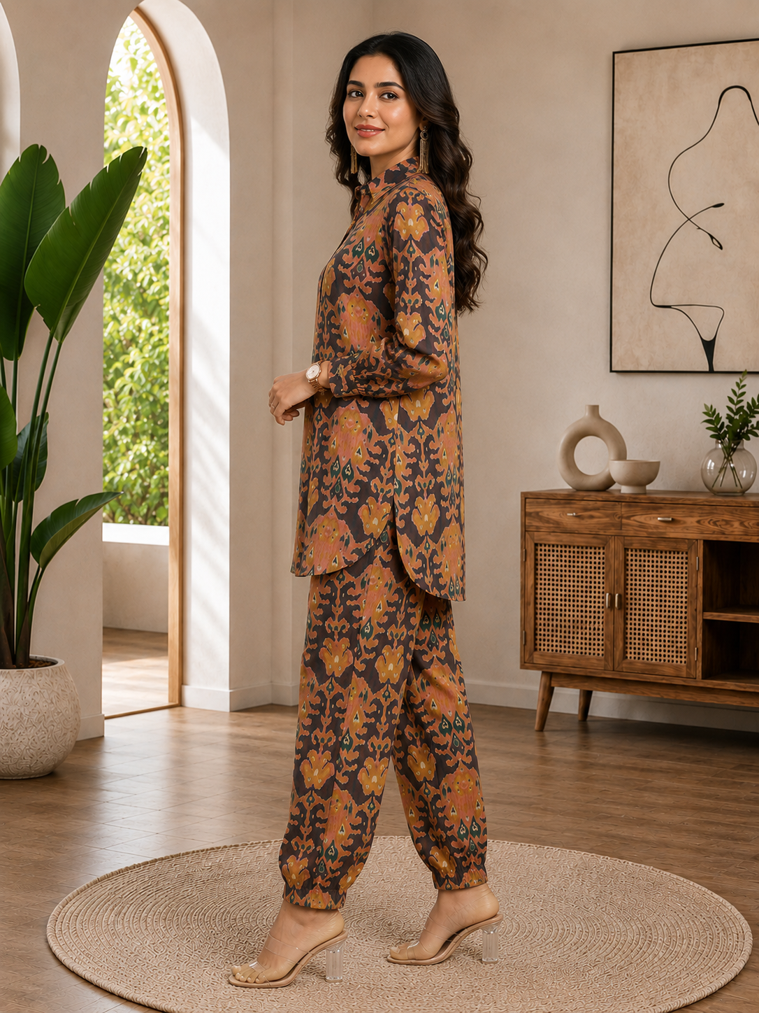 Peach Color Tropical Printed Chanderi Silk Co-ord Set