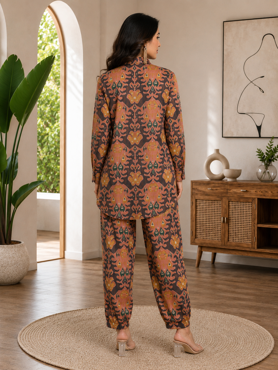 Peach Color Tropical Printed Chanderi Silk Co-ord Set