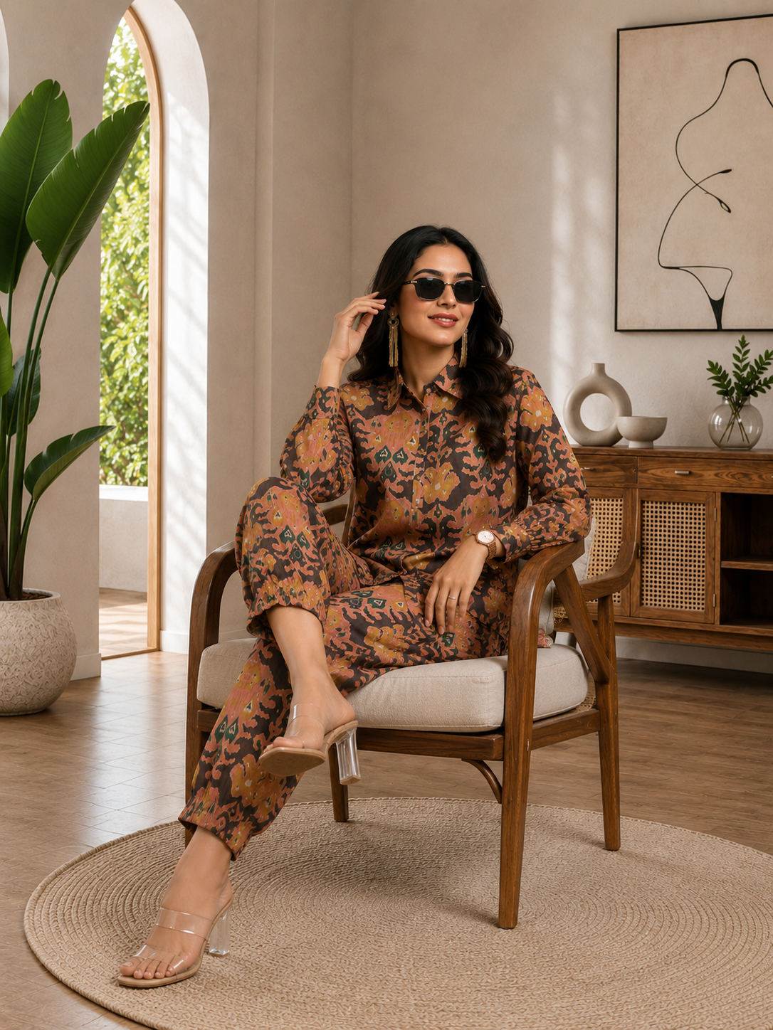 Peach Color Tropical Printed Chanderi Silk Co-ord Set