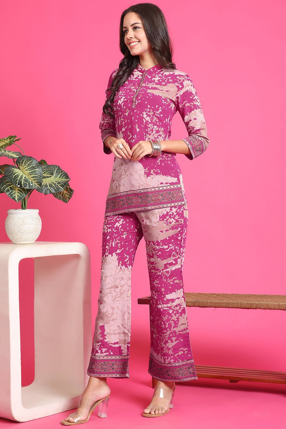Pink Abstract Printed Chanderi Co-Ord Set for Women | Claura